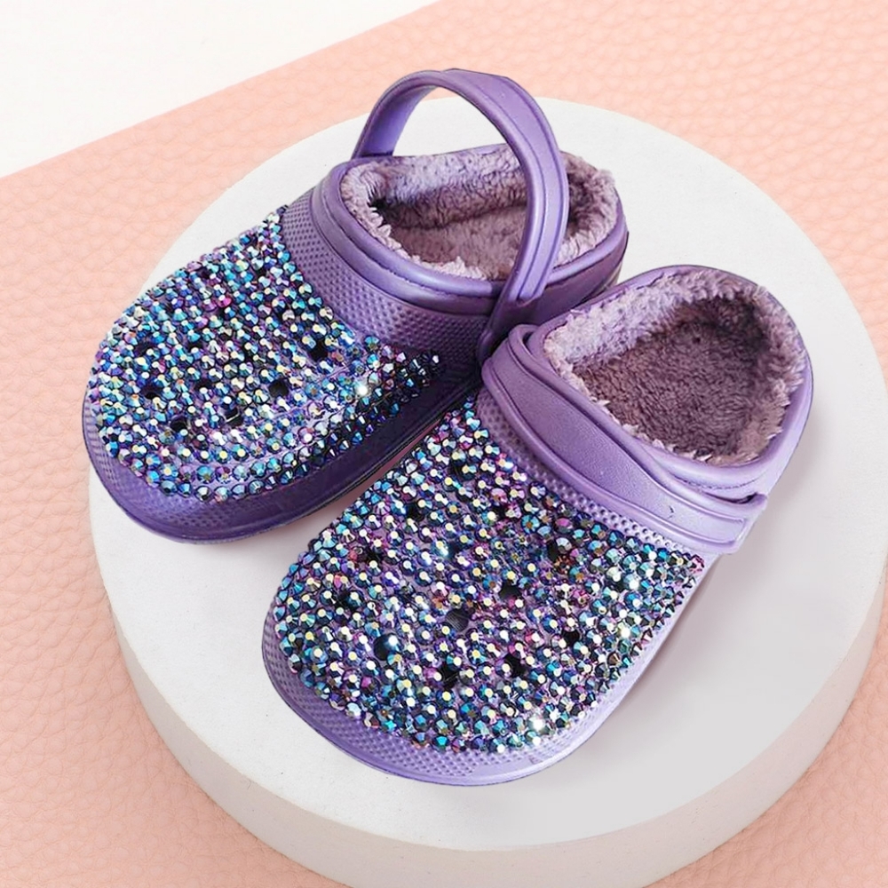 Purple Bling Rhinestone Crystal Fur Slip On Croclike Slides Rubber Clogs Sandals